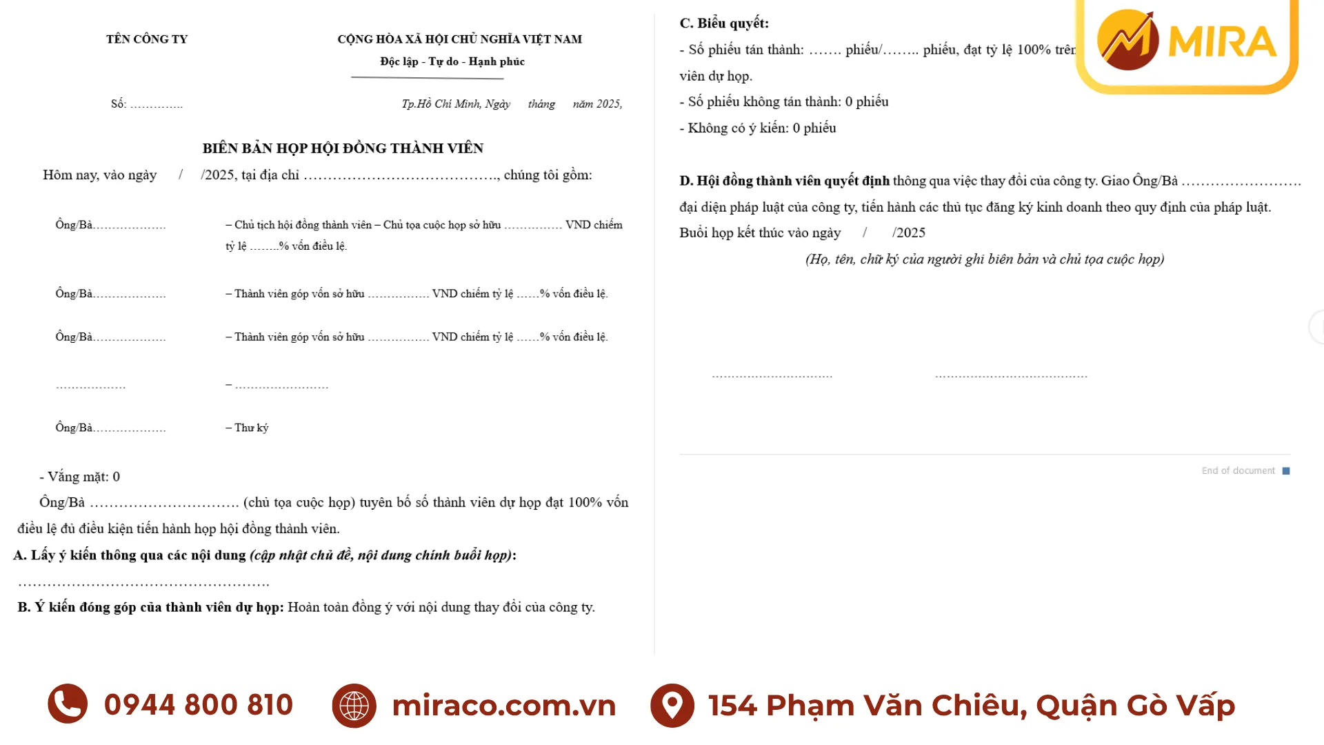 Mẫu biên bản họp hội đồng thành viên - Tư Vấn Doanh Nghiệp Mira