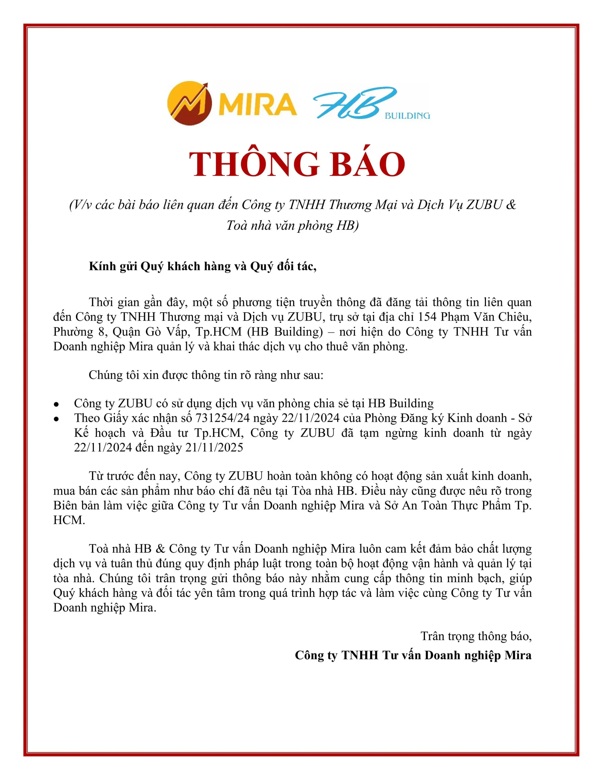 Thông báo về sự việc lên quan đến công ty Zubu và Tòa nhà văn phòng HB