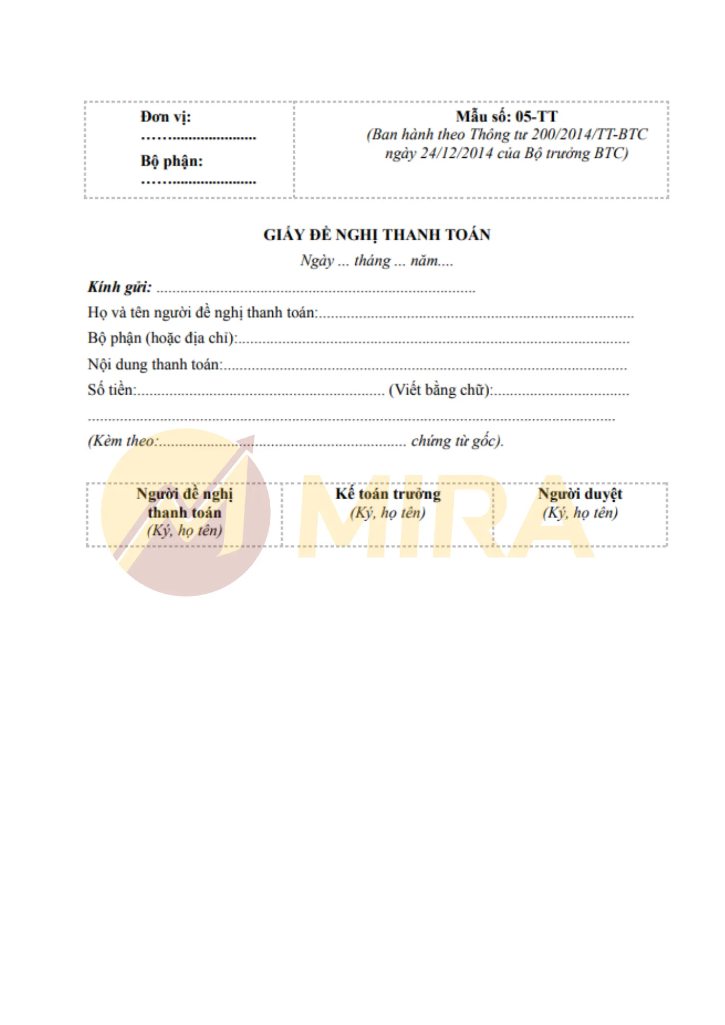 Mẫu giấy đề nghị thanh toán theo Thông tư số 200/2014/TT-BTC | Mira