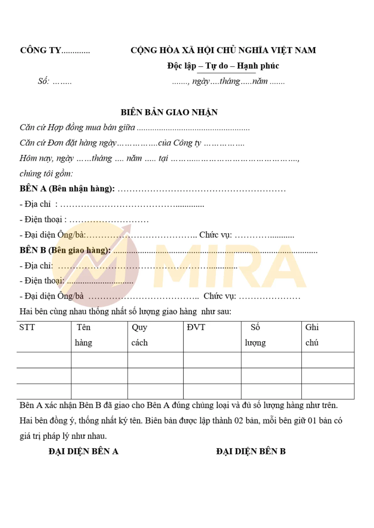 Mẫu biên bản giao nhận | Mira