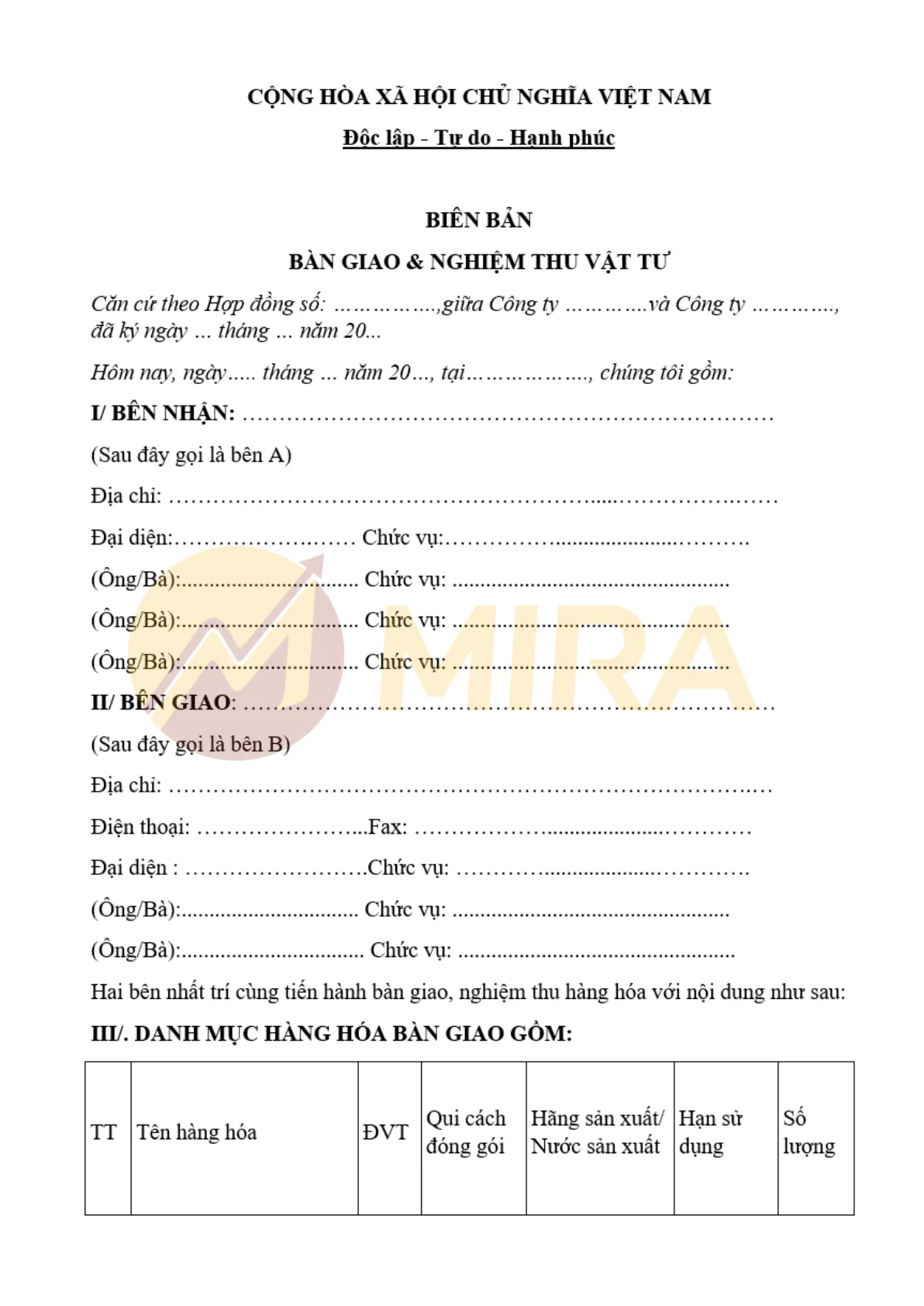 Mẫu biên bản bàn giao và nghiệm thu vật tư | Mira