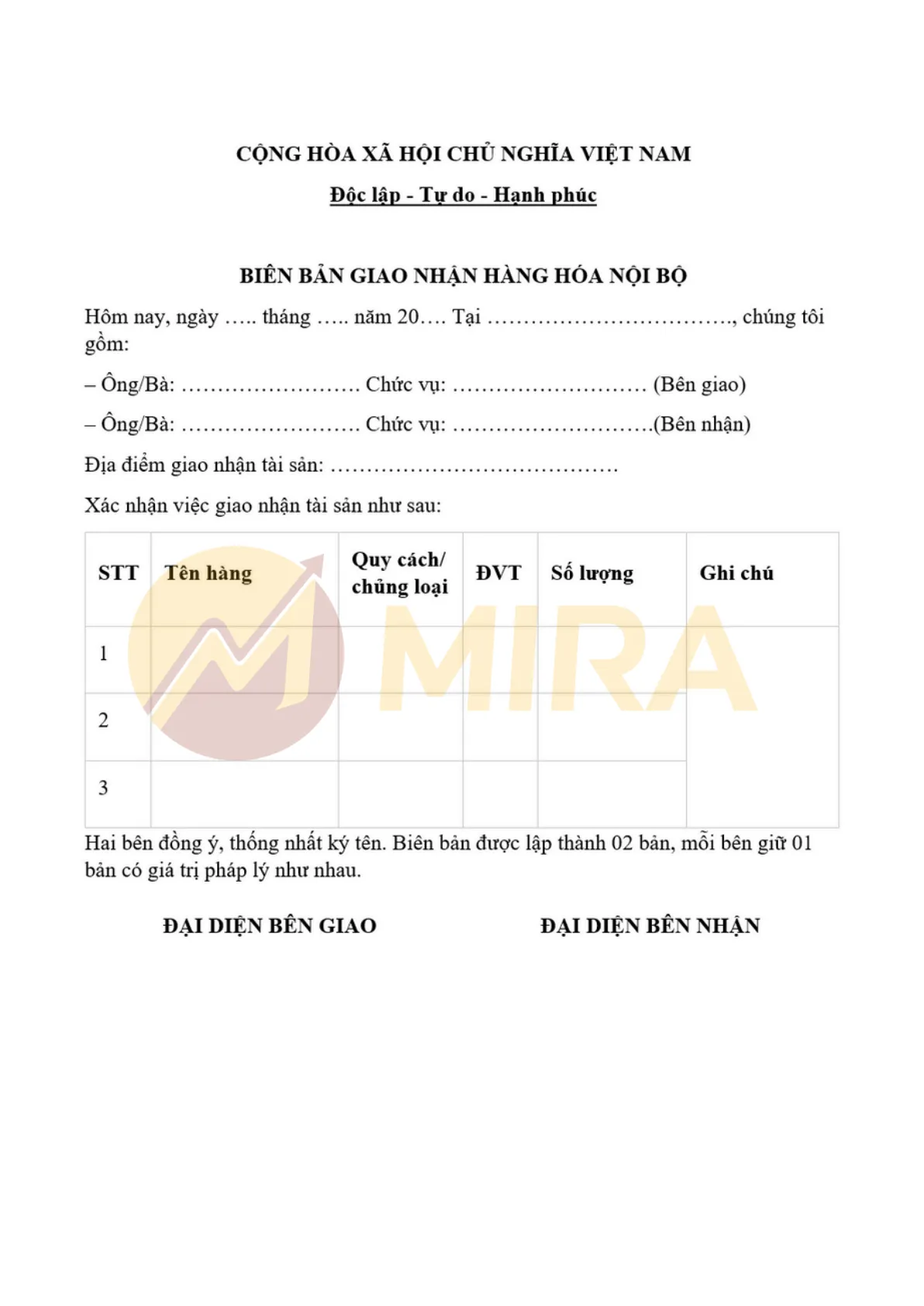 Mẫu biên bản giao nhận hàng hóa nội bộ | Mira
