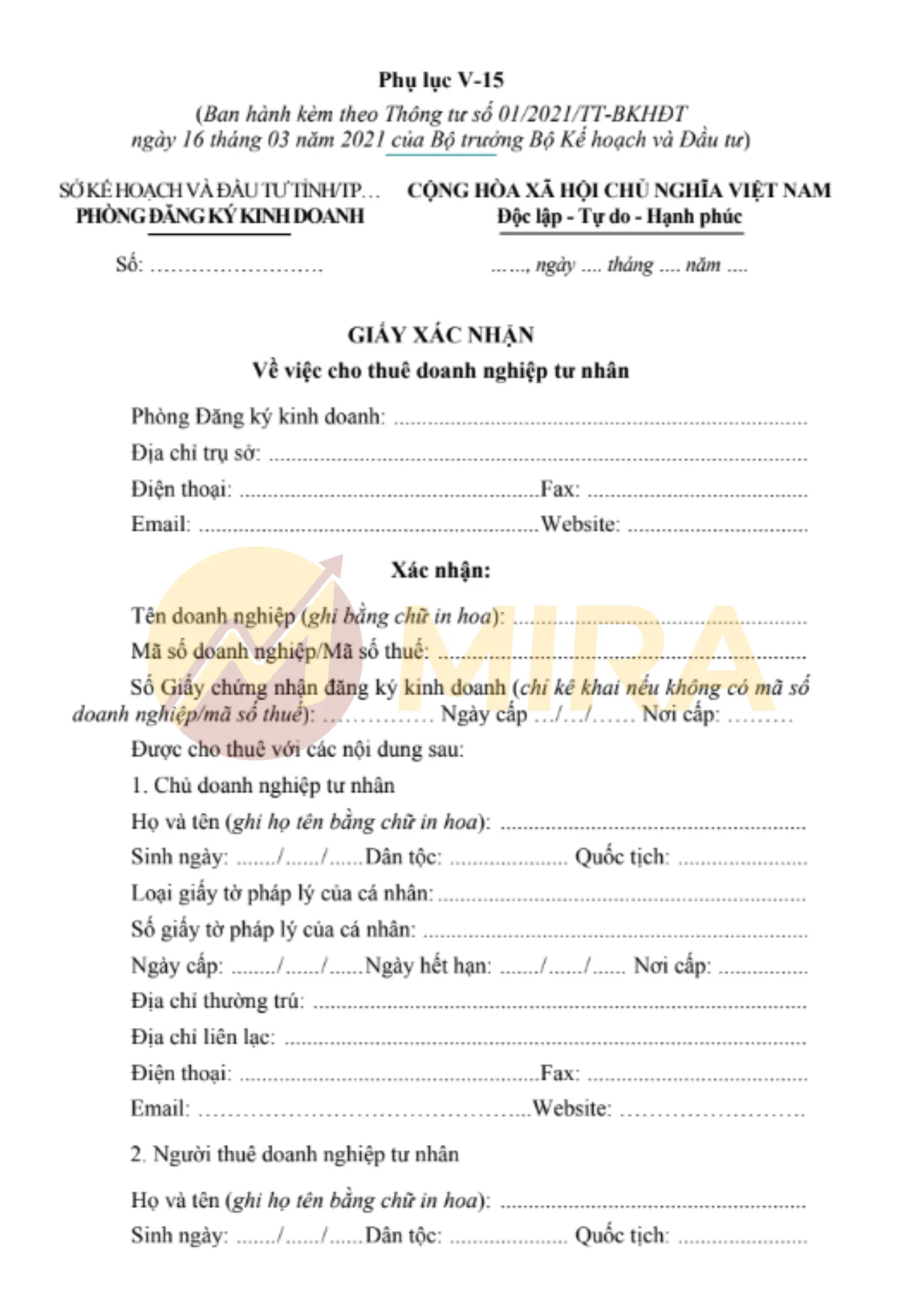 Mẫu giấy xác nhận cho thuê doanh nghiệp tư nhân | Mira