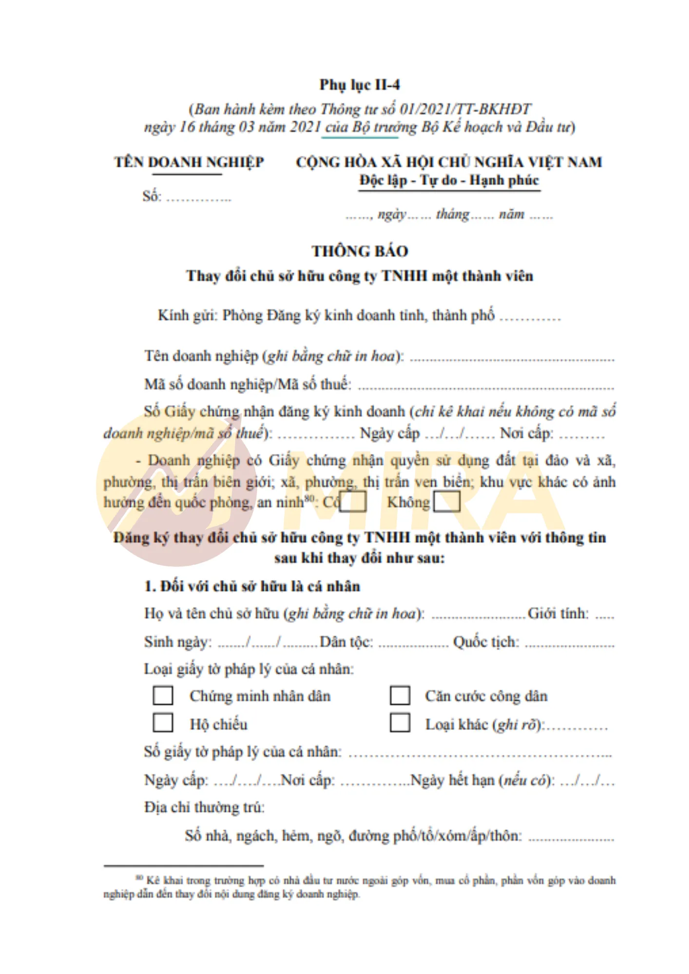 Mẫu thông báo thay đổi chủ sở hữu công ty TNHH một thành viên | Mira