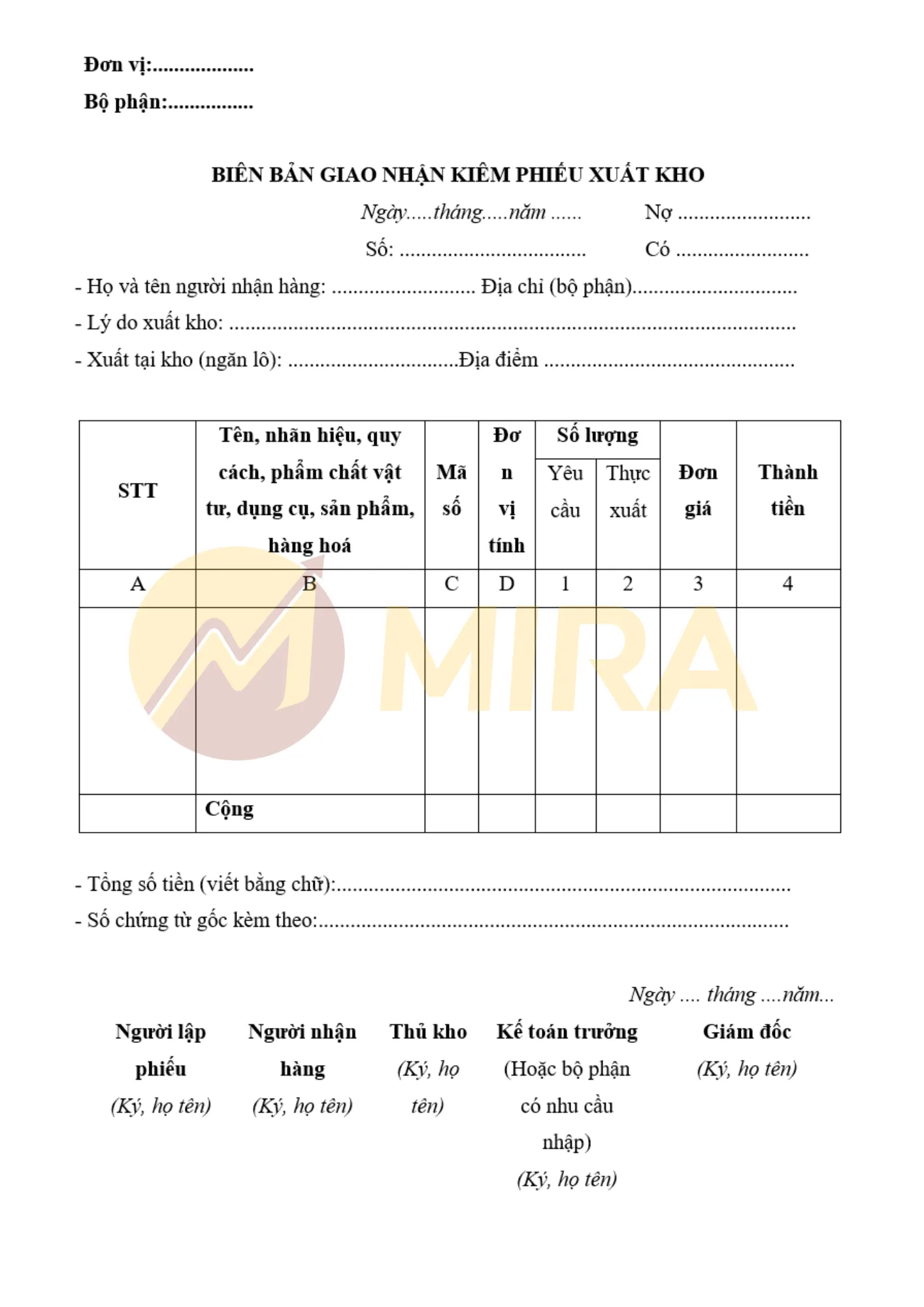 Mẫu biên bản giao nhận kiêm phiếu xuất kho | Mira
