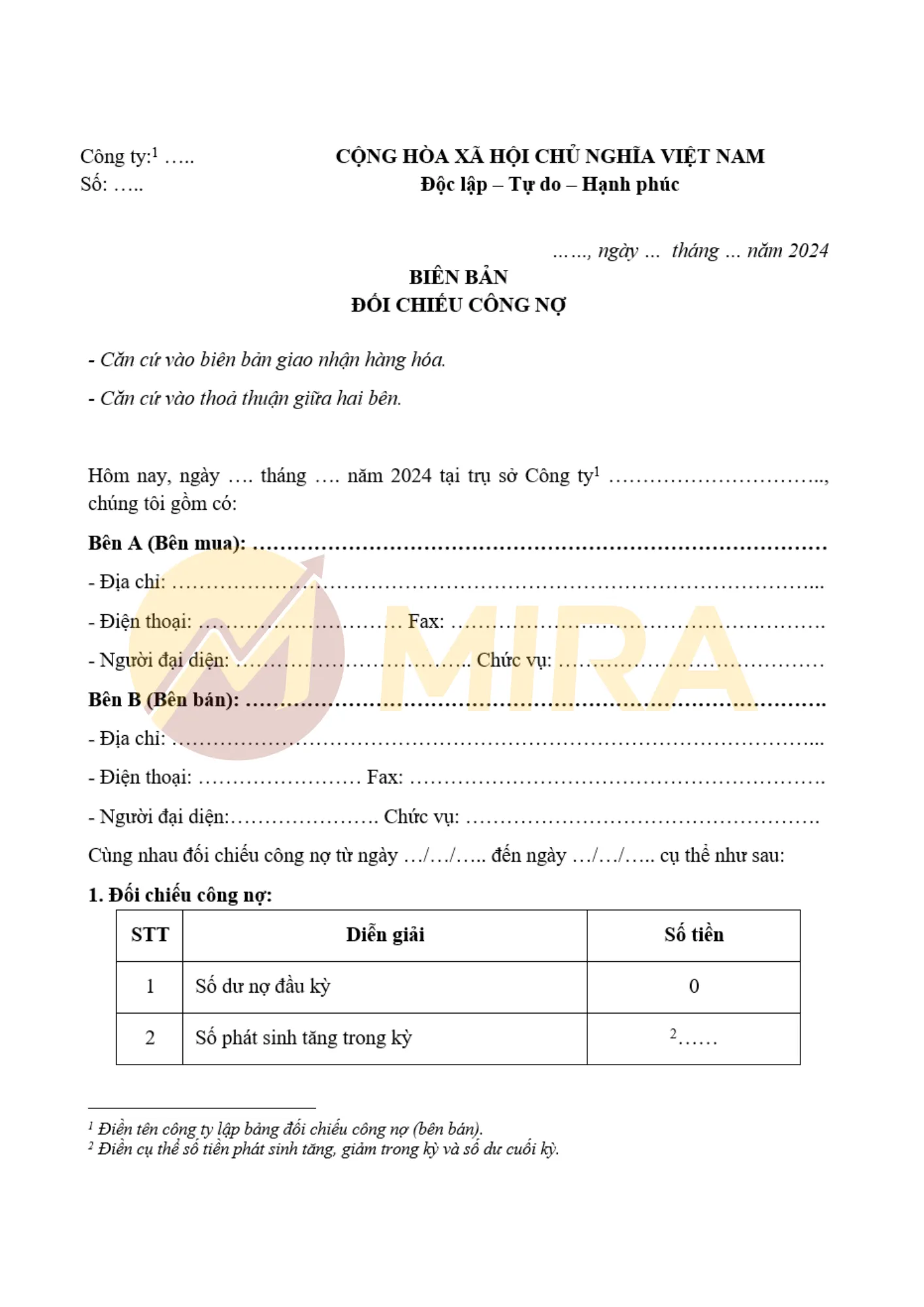 Mẫu biên bản đối chiếu công nợ mới nhất | Mira