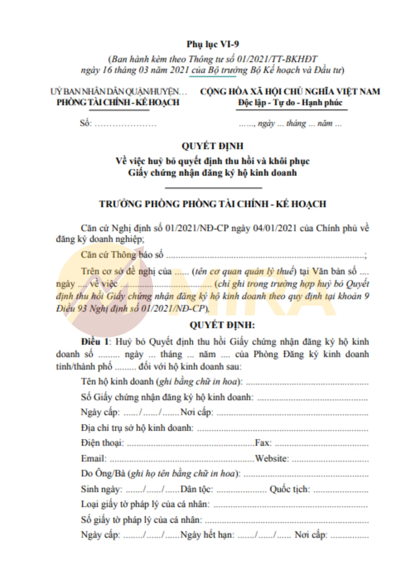 Mẫu Quyết định thu hồi Giấy chứng nhận đăng ký hộ kinh doanh  | Mira
