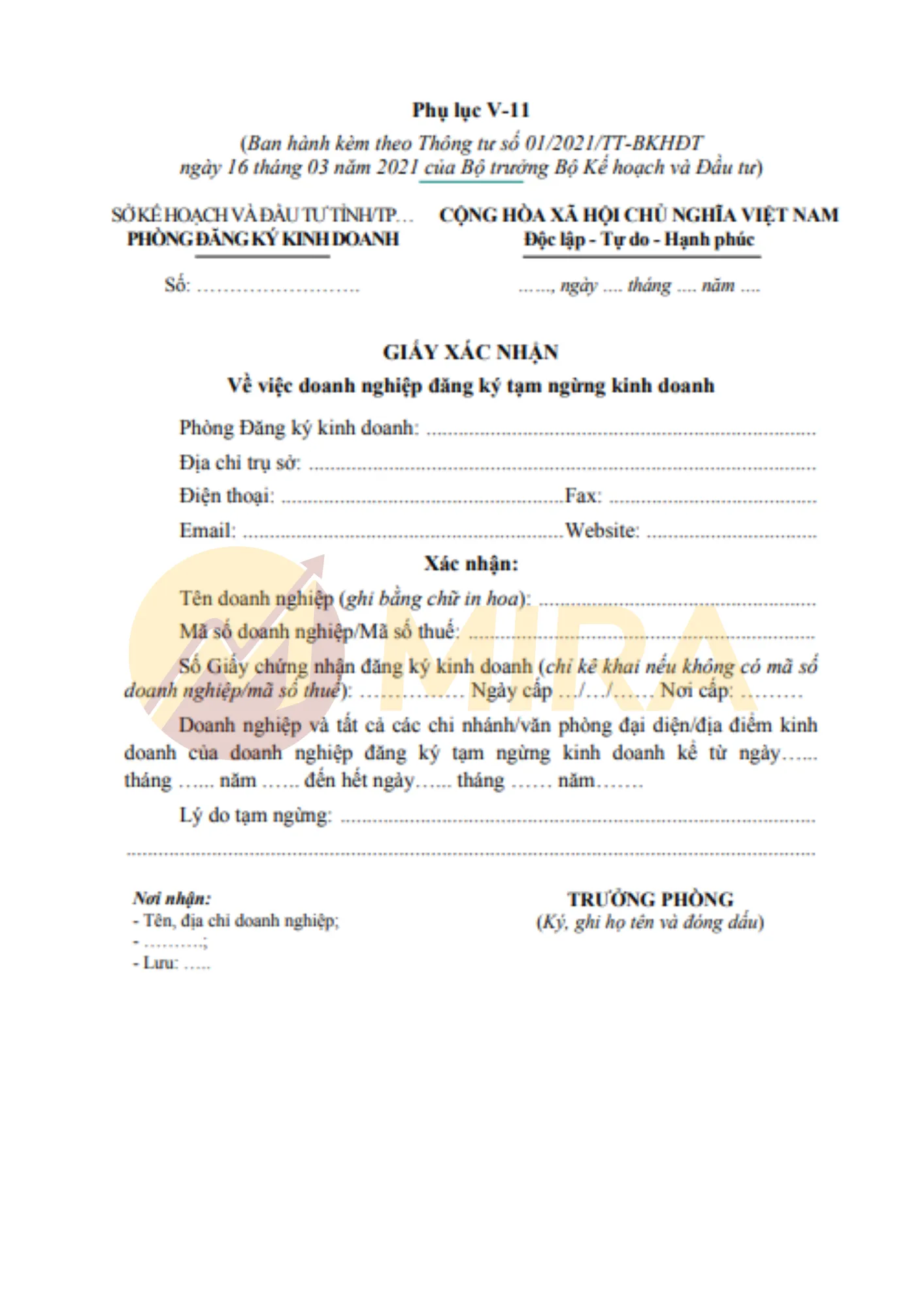 Mẫu giấy xác nhận doanh nghiệp tạm ngừng kinh doanh | Mira
