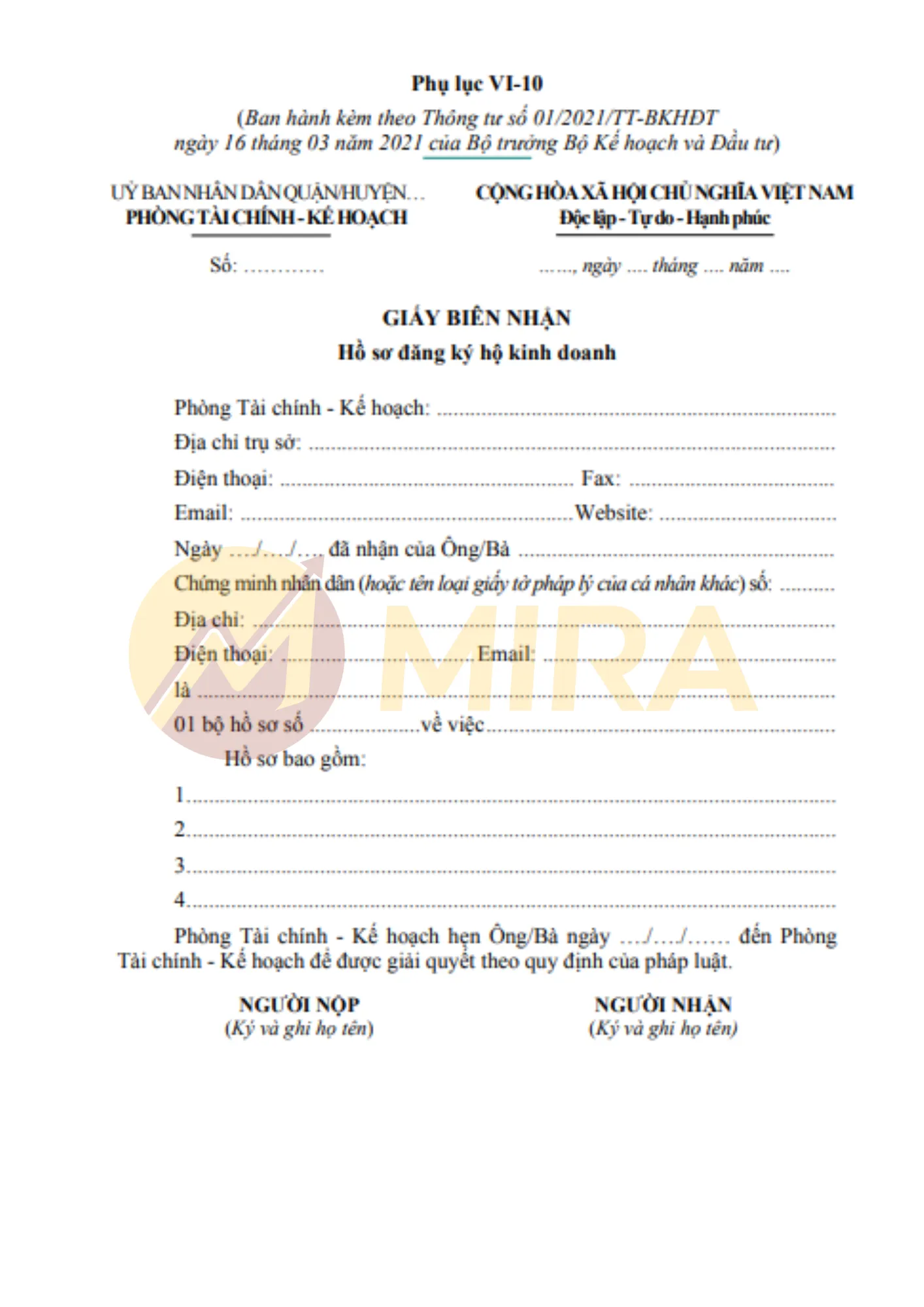 Mẫu Giấy biên nhận hồ sơ đăng ký hộ kinh doanh | Mira
