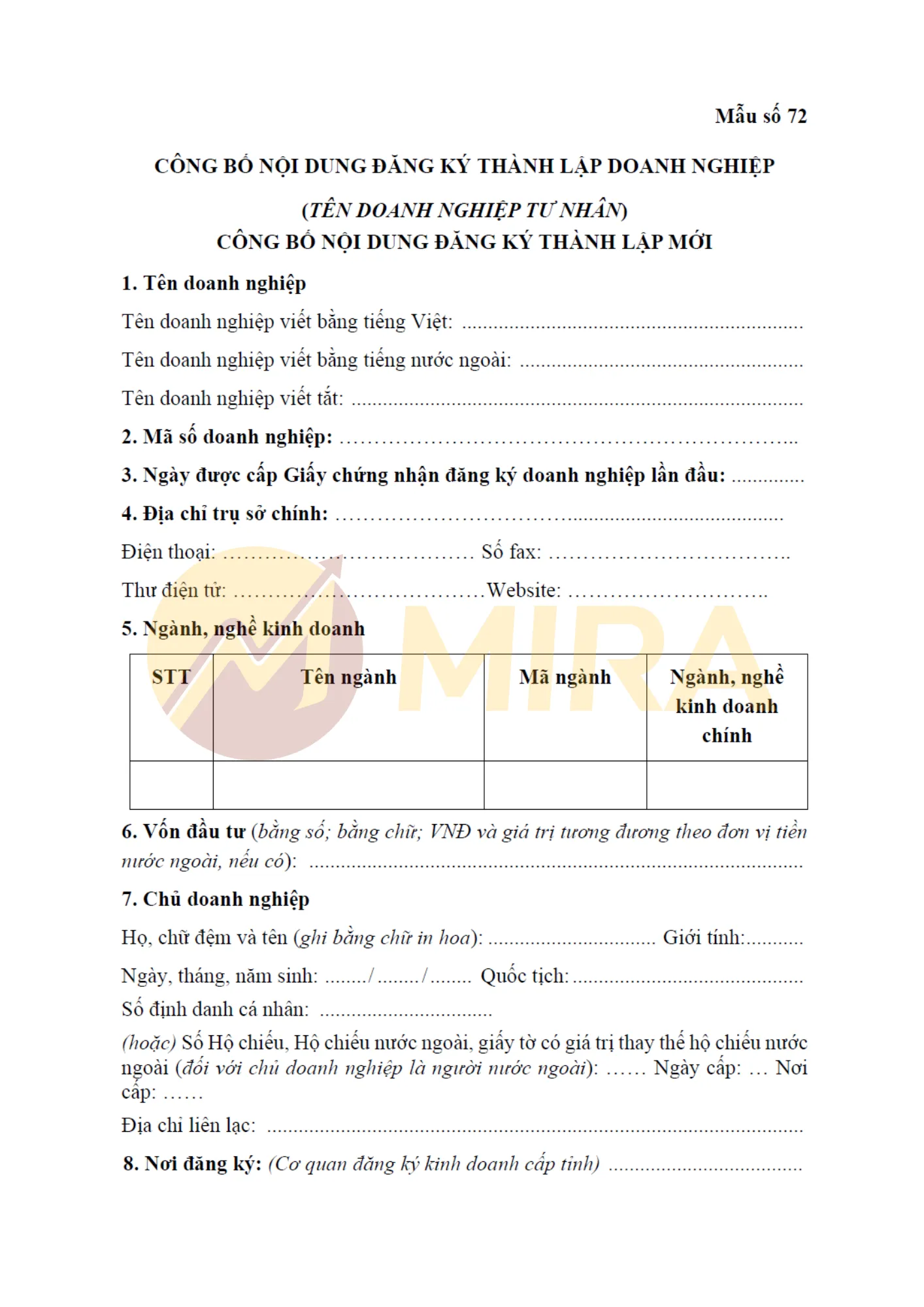 Mẫu công bố nội dung đăng ký thành lập doanh nghiệp | Mira
